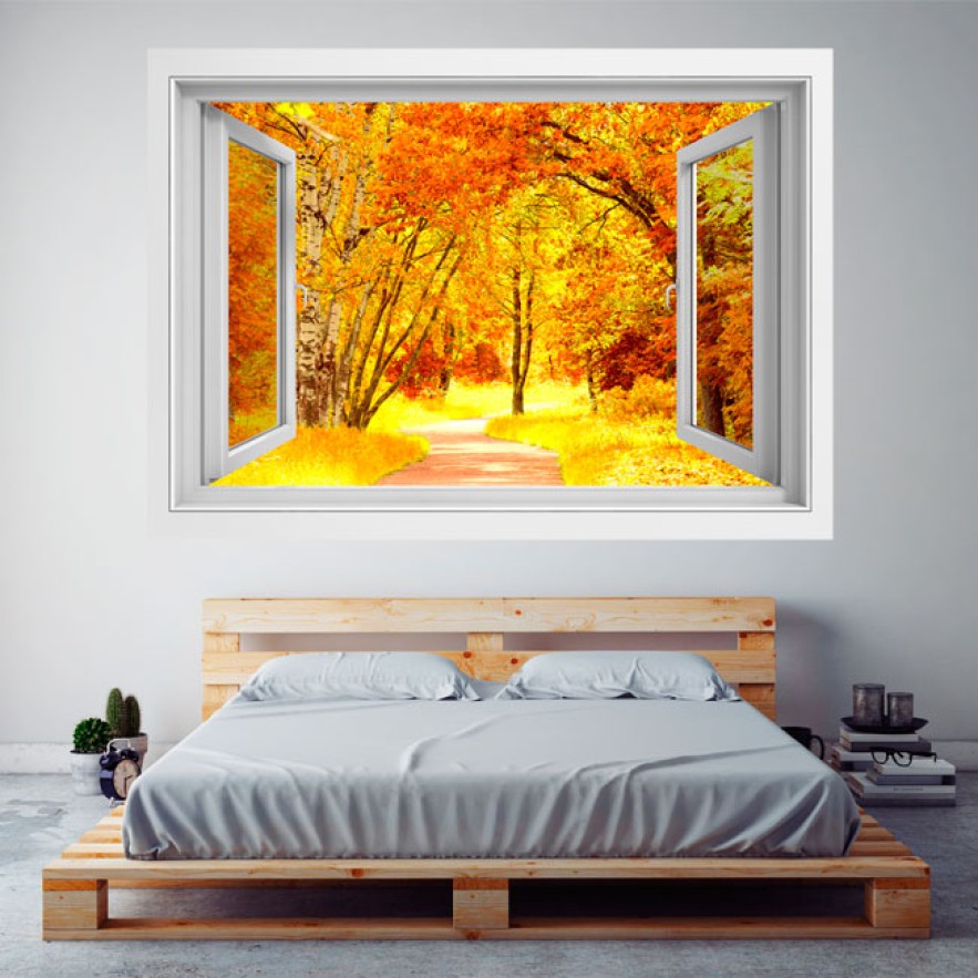 Vinilo ventanas 3d camino y árboles otoño