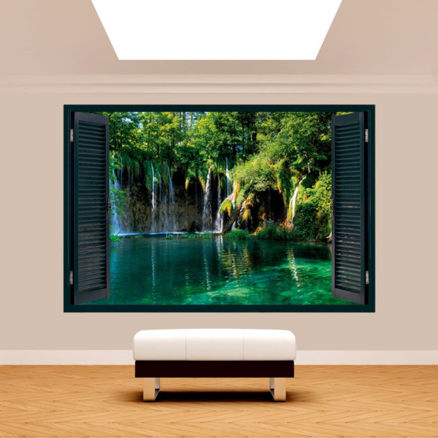 Vinilo ventana 3d cascadas en la naturaleza