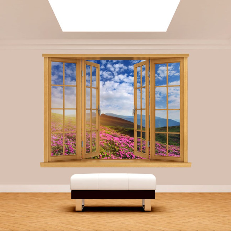 Vinilo efecto ventanas 3d flores en las montañas