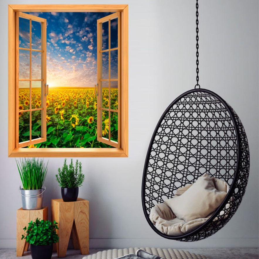 Vinilo ventanas 3d campo de girasoles