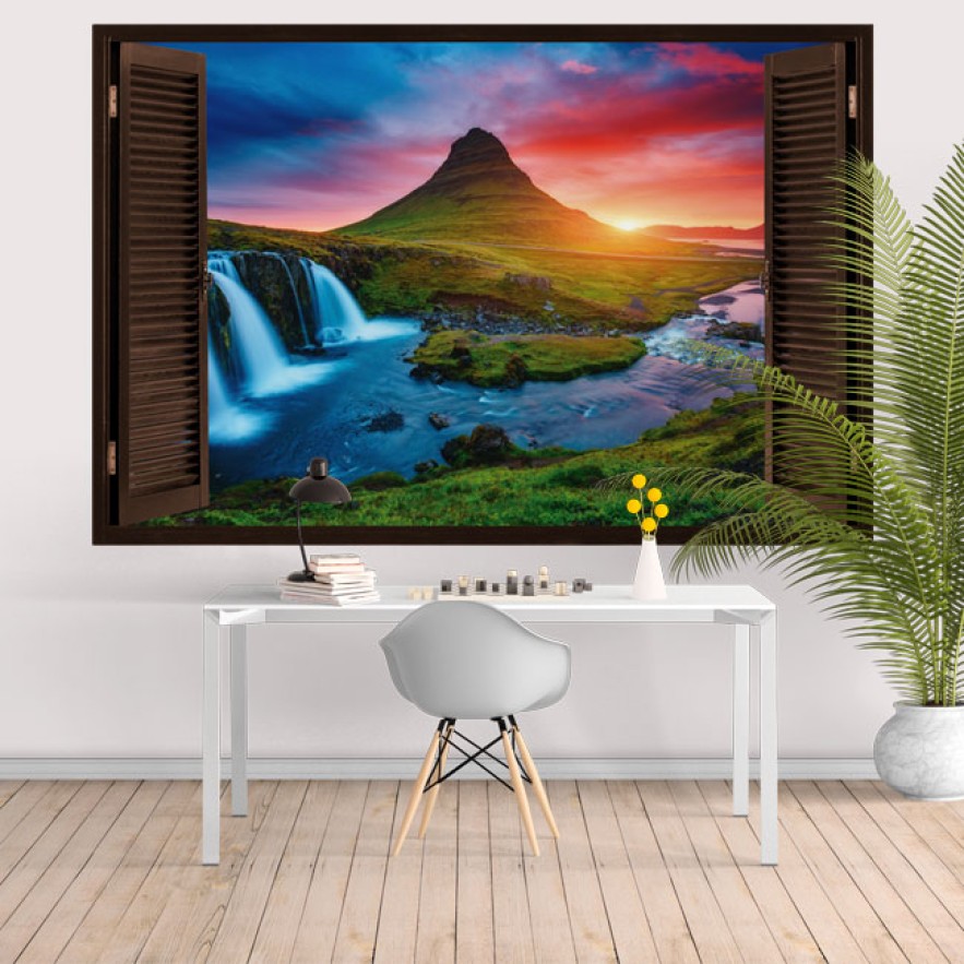 Vinilos ventanas 3d islandia paisaje montaña kirkjufell al atardecer
