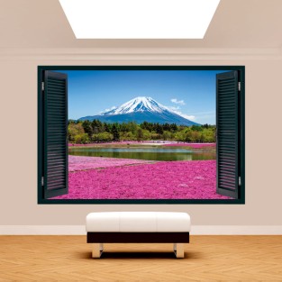 Vinilo ventana 3d monte fuji flores rosas