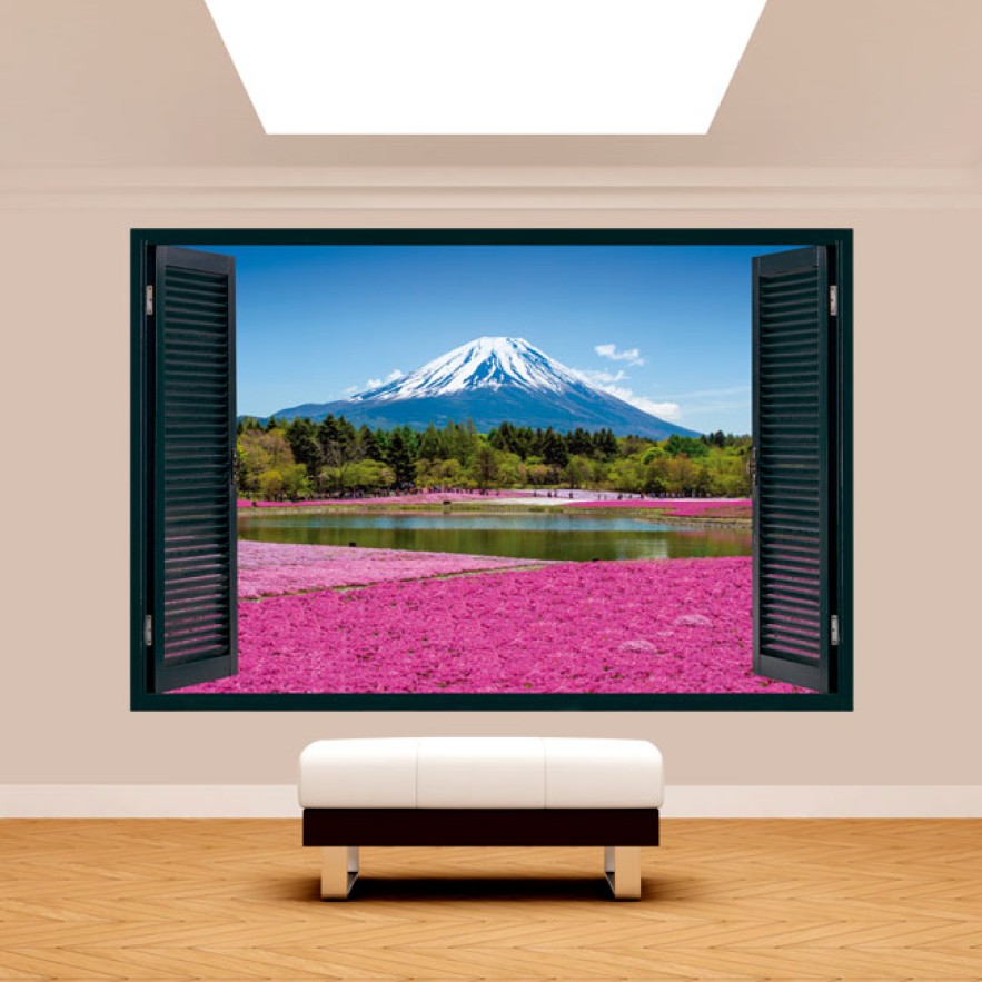 Vinilo ventana 3d monte fuji flores rosas