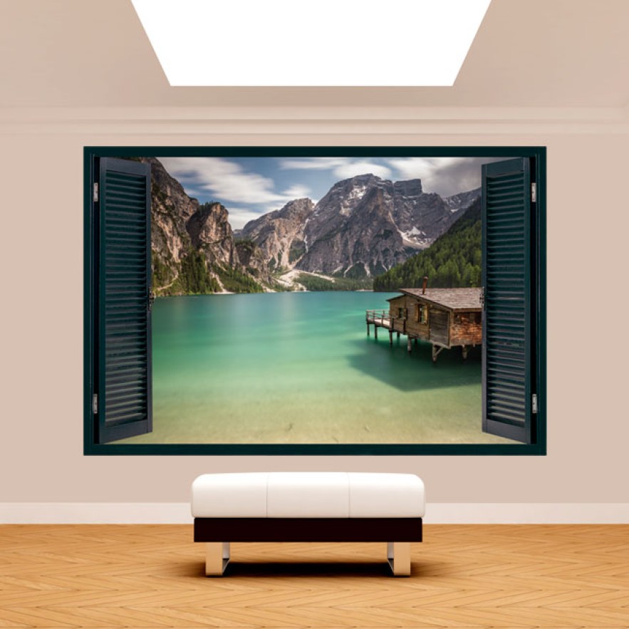 Vinilo ventana 3d lago braies italia
