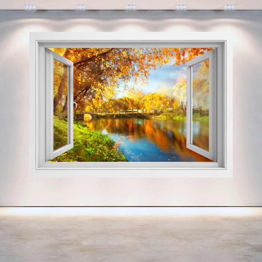 Vinilo ventanas 3d lago en el parque
