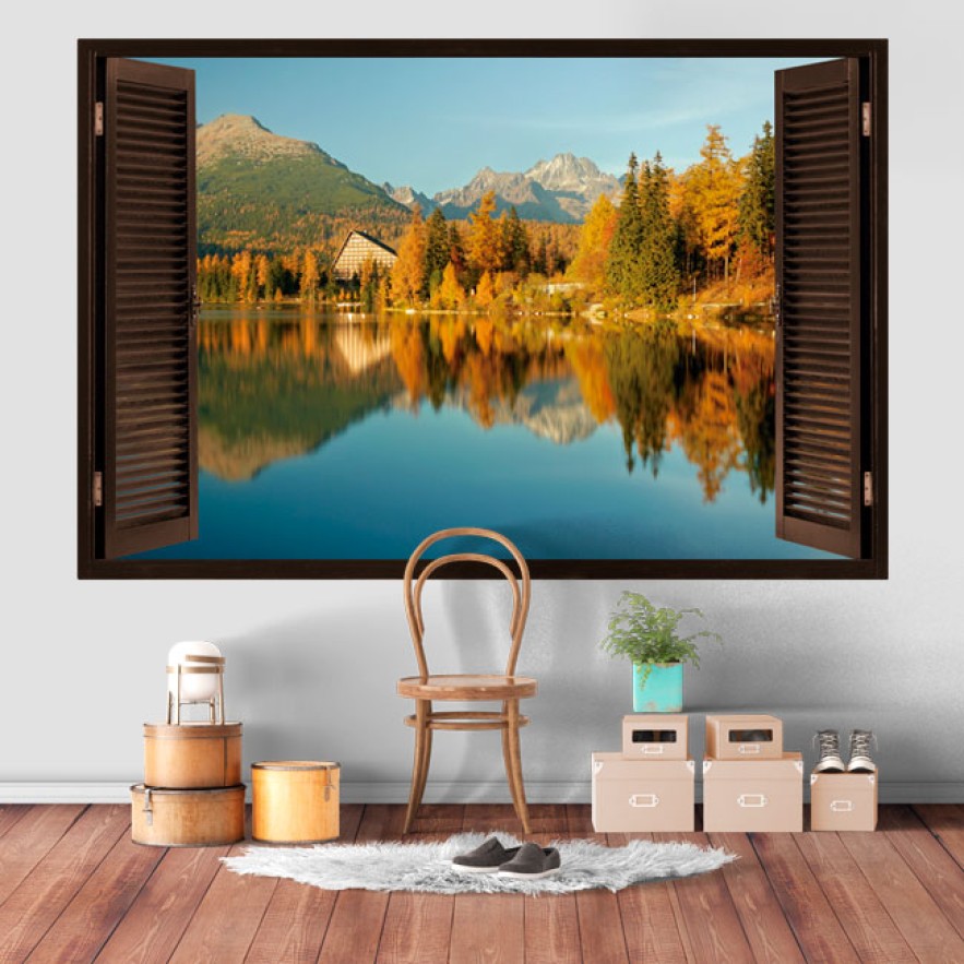 Vinilo ventana 3d  paisaje lago y montañas