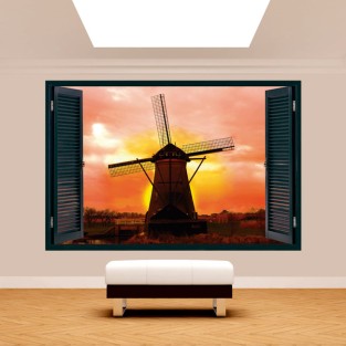 Vinilo efecto ventana 3d molino holanda Vinilo efecto ventana 3d molino holanda