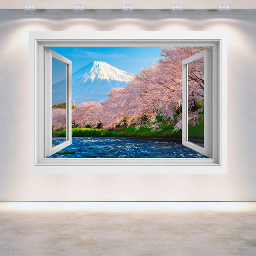 Vinilo ventana 3d monte fuji árboles flor de cerezo