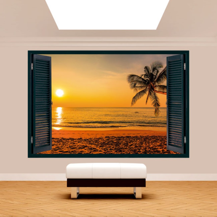 Vinilo efecto ventanas 3d palmera atardecer playa