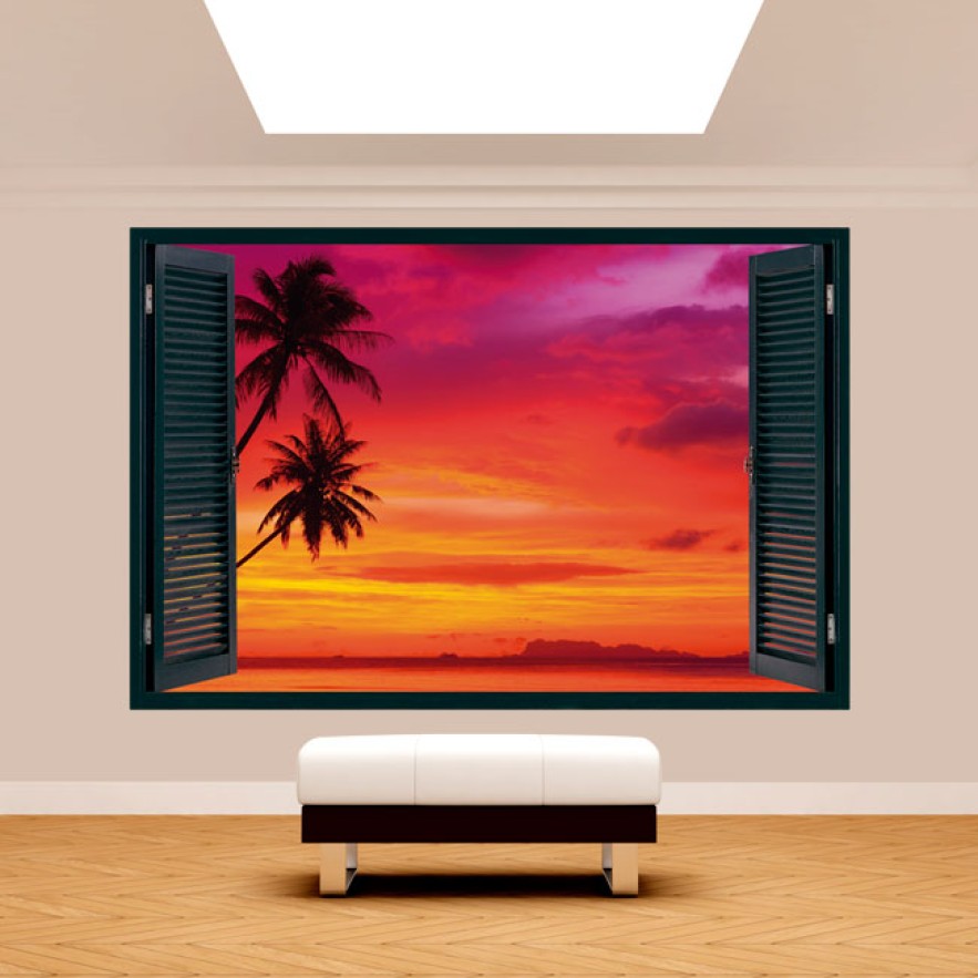 Vinilo efecto ventana 3d palmeras atardecer playa