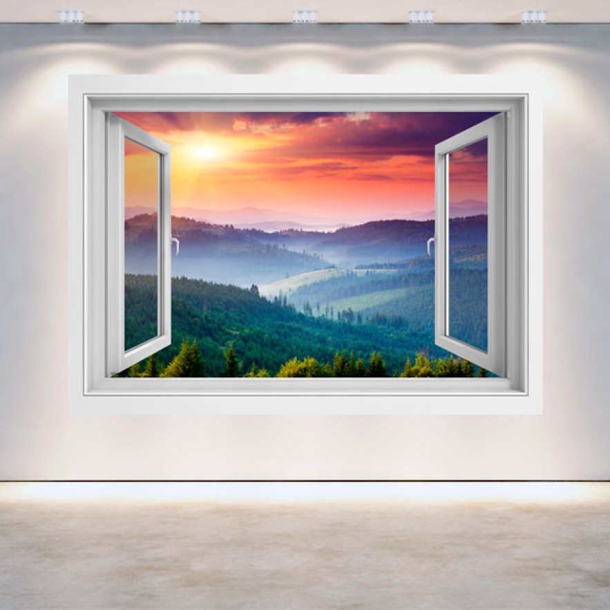 Vinilo efecto ventanas 3d atardecer montañas