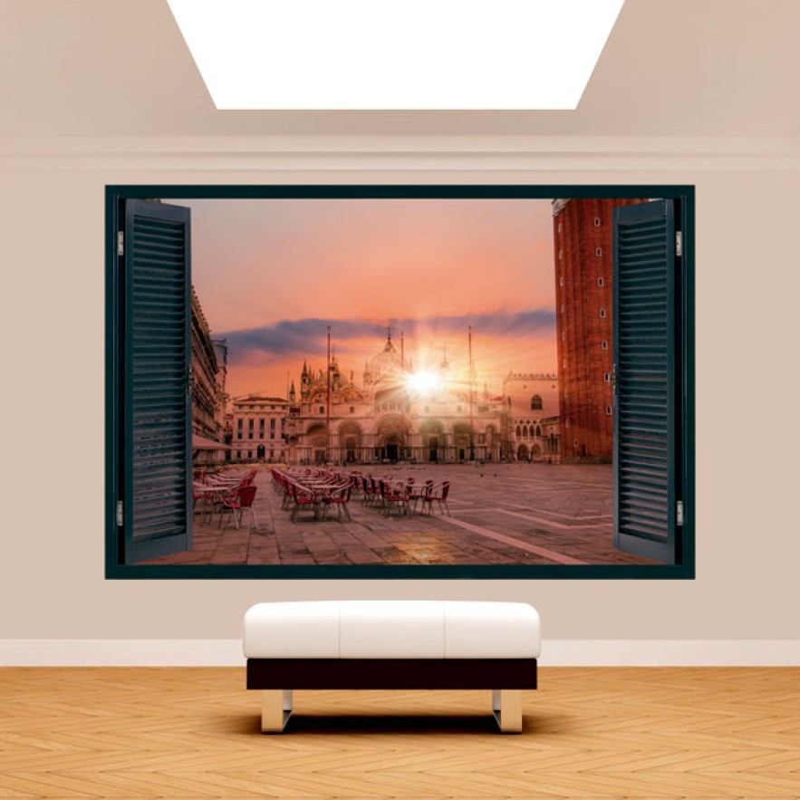 Vinilo ventana 3d plaza san marco atardecer