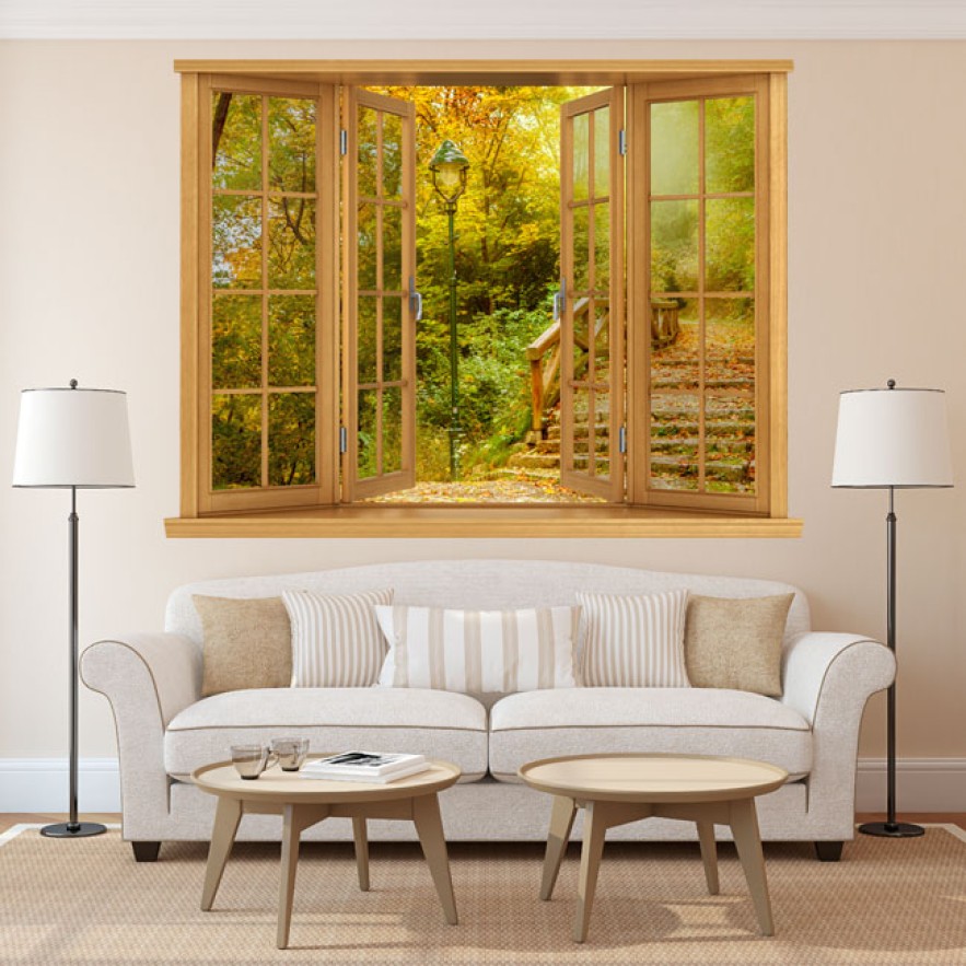 Vinilo ventana 3d puente y árboles otoño