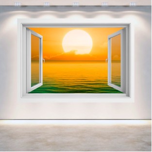 Vinilo efecto ventanas 3d puesta de sol en el mar Vinilo efecto ventanas 3d puesta de sol en el mar