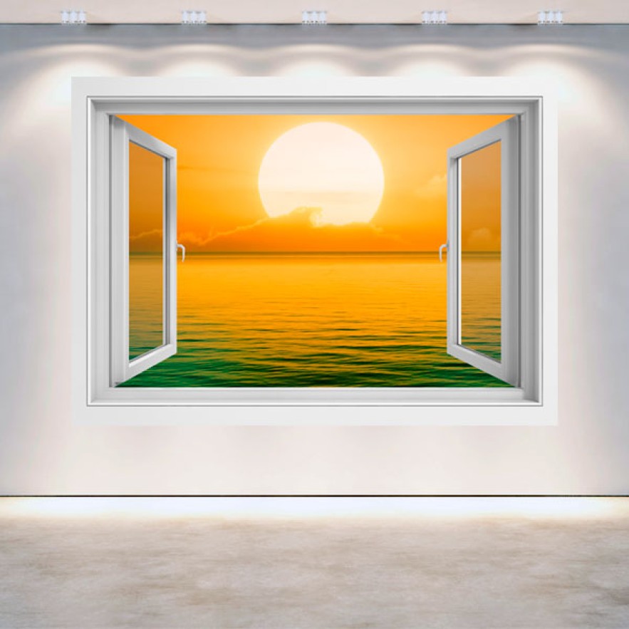 Vinilo efecto ventanas 3d puesta de sol en el mar