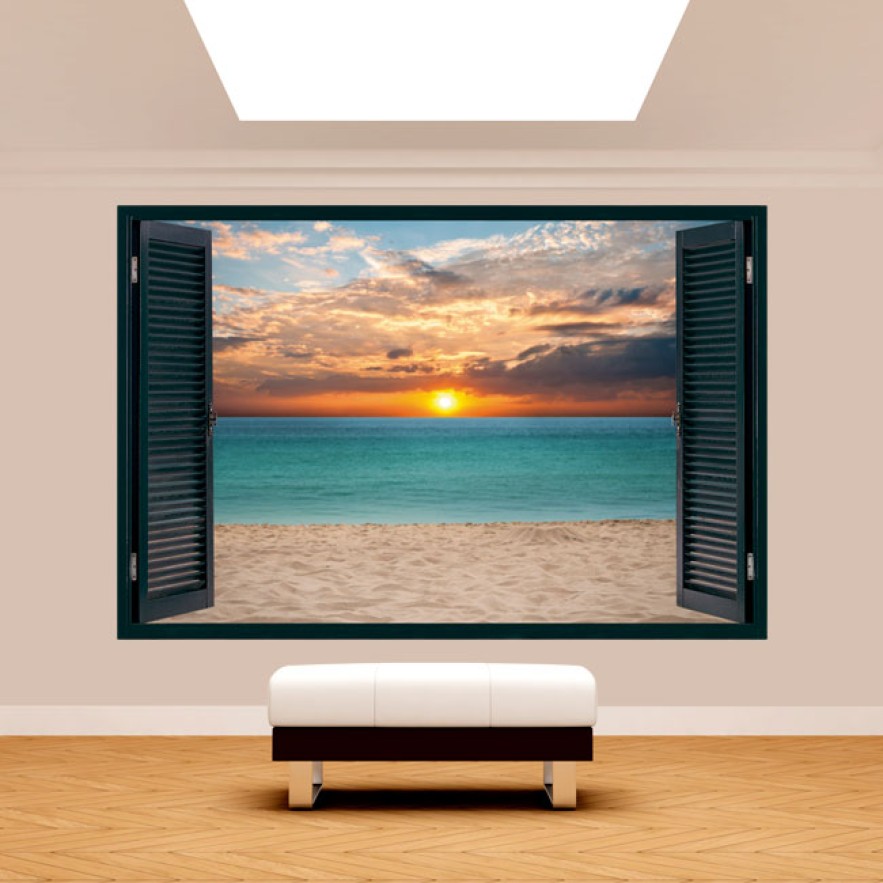 Vinilo efecto ventana 3d puesta de sol en la playa