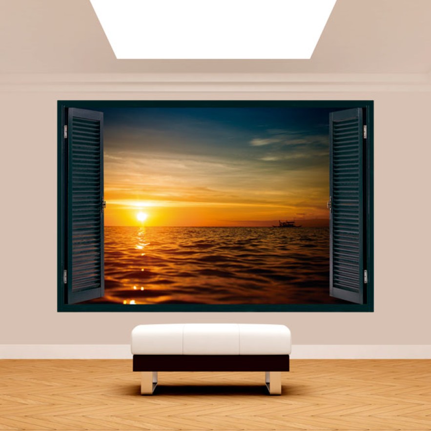 Vinilos efecto ventanas 3d puesta de sol mar
