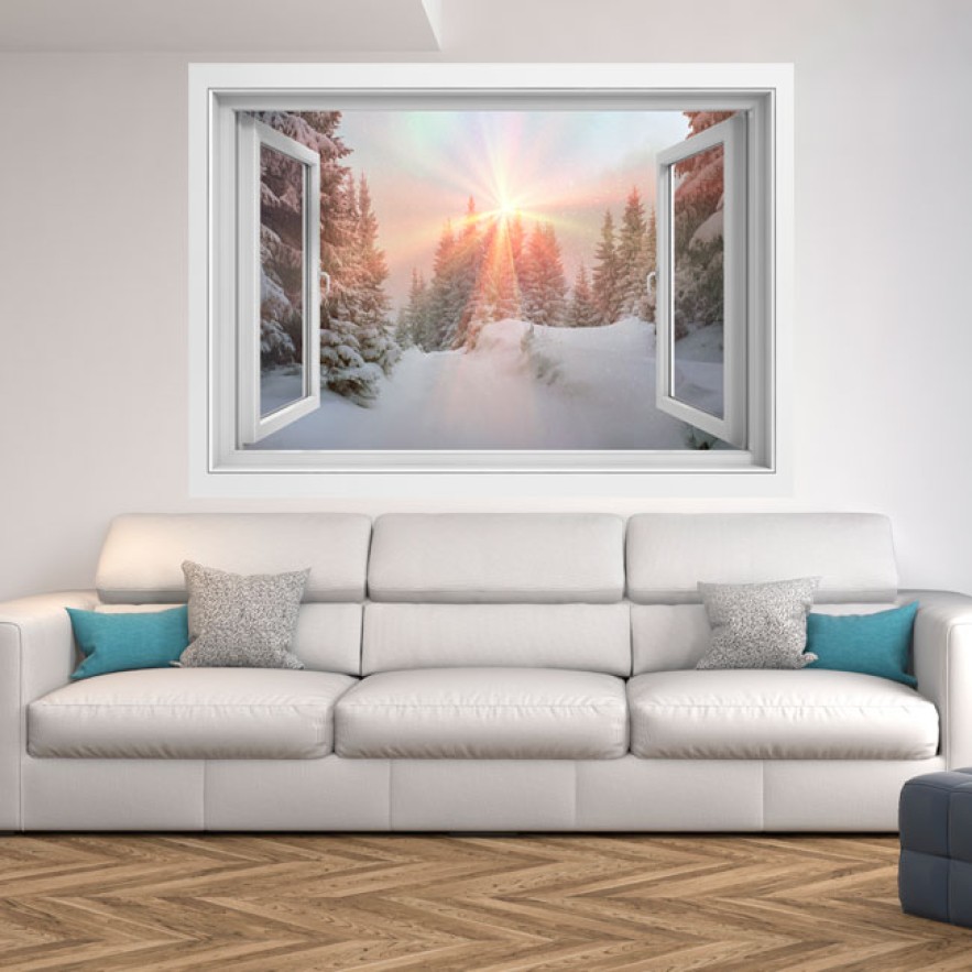Vinilo efecto ventanas 3d rayos de sol montañas nevadas