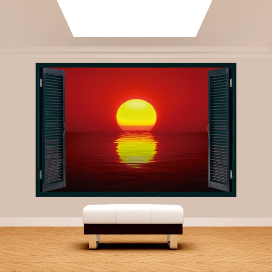 Vinilo efecto ventana 3d sol atardecer mar