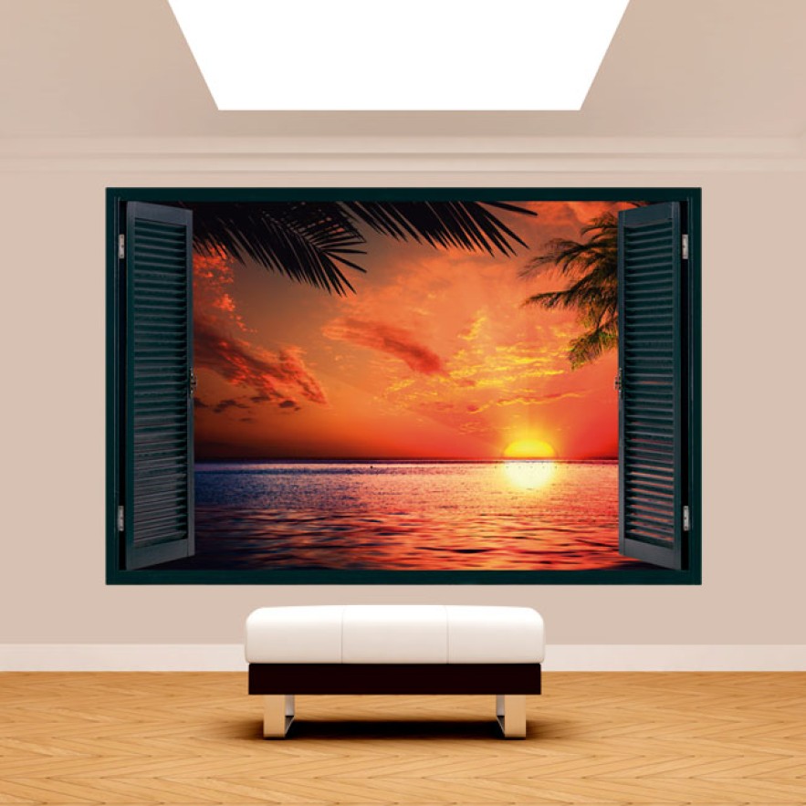 Vinilo efecto ventanas 3d sol atardecer playa