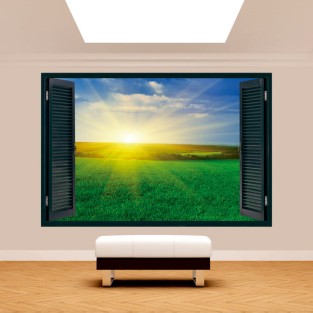 Vinilo ventanas 3d atardecer campo verde Vinilo ventanas 3d atardecer campo verde