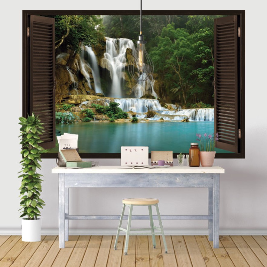 Vinilos efecto ventana 3d cascadas en el bosque