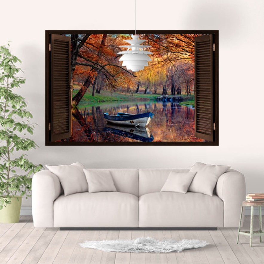 Vinilos ventana 3d bote en el lago