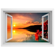 Ventanas de vinilos 3d lago con puesta de sol reflejada