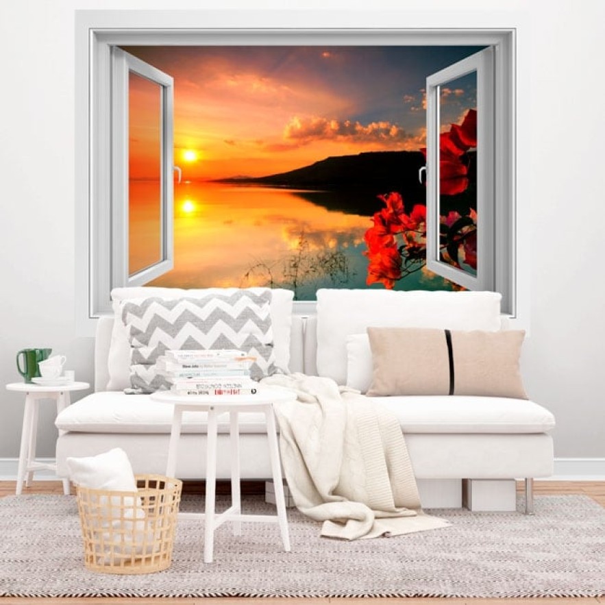 Ventanas de vinilos 3d lago con puesta de sol reflejada