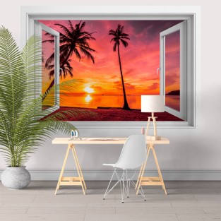 Vinilos ventanas 3d palmeras al atardecer en la playa Vinilos ventanas 3d palmeras al atardecer en la playa