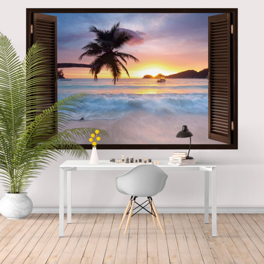 Vinilos efecto ventanas 3d atardecer en la playa