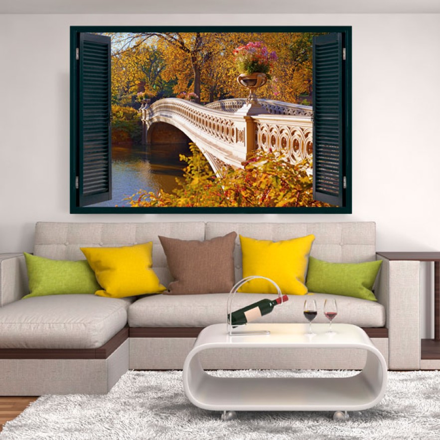 Vinilo efecto ventanas 3d puente sobre el lago