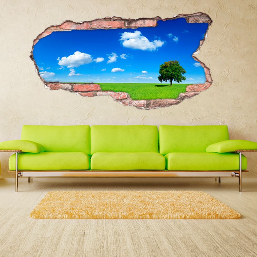 Vinilo agujero 3d paisaje árbol en el horizonte
