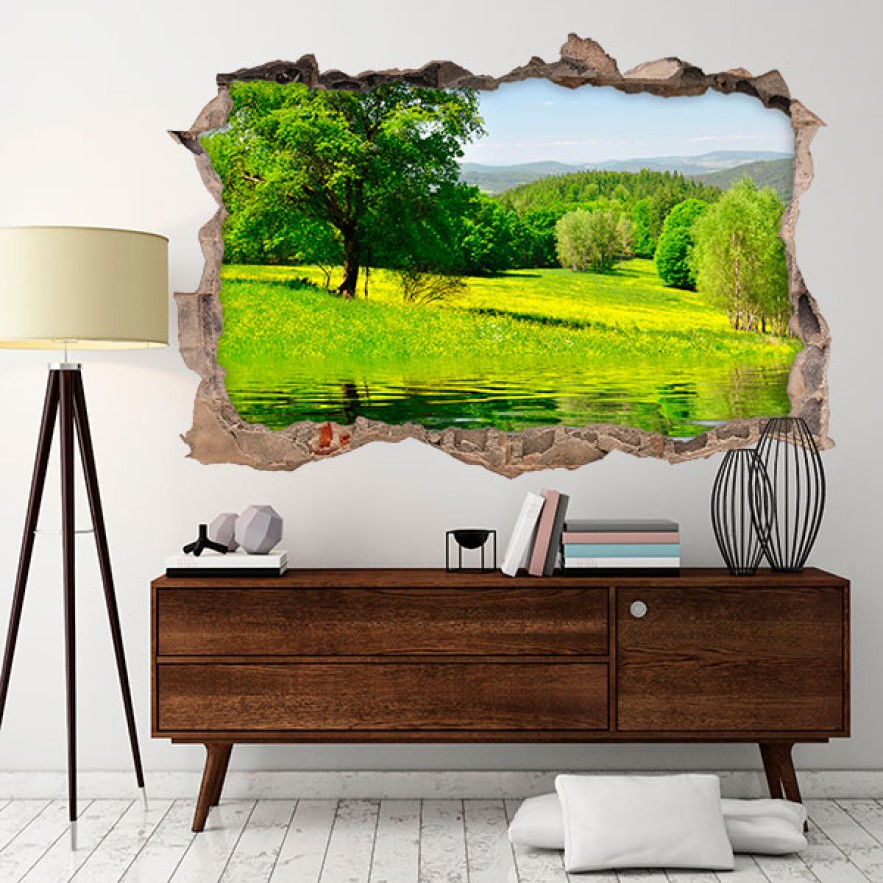 Vinilo agujero 3d paisaje árbol en el lago