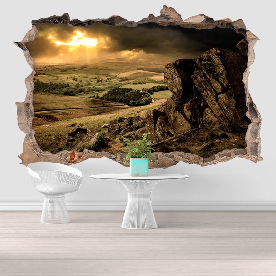 Vinilo agujero 3d atardecer en la montaña