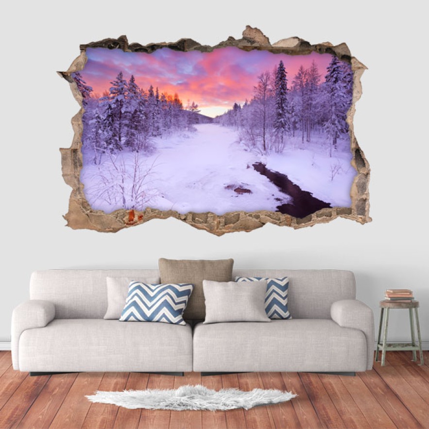 Vinilo agujero 3d paisaje atardecer en laponia