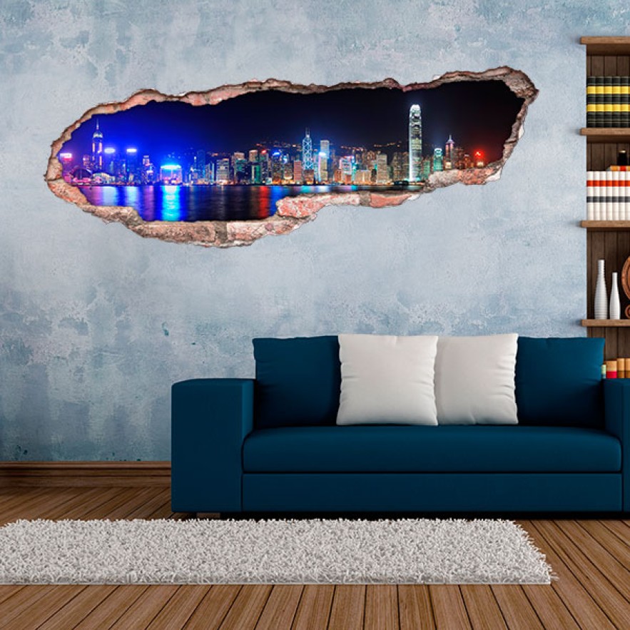 Vinilo agujero 3d ciudad de hong kong de noche