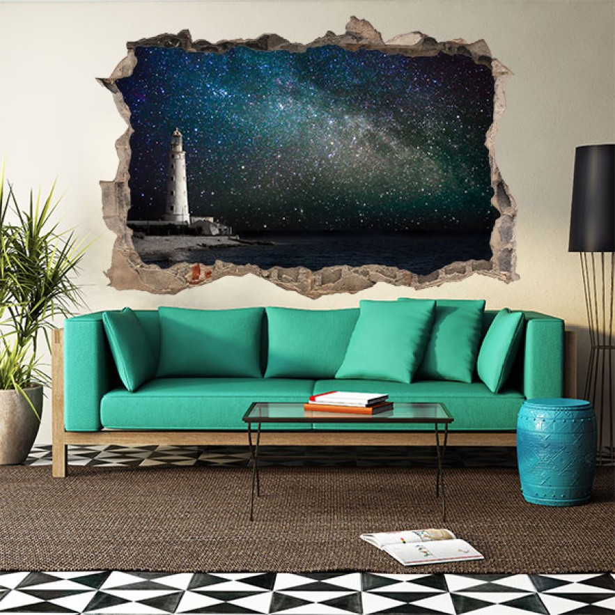 Vinilo agujero 3d faro y cielo con estrellas