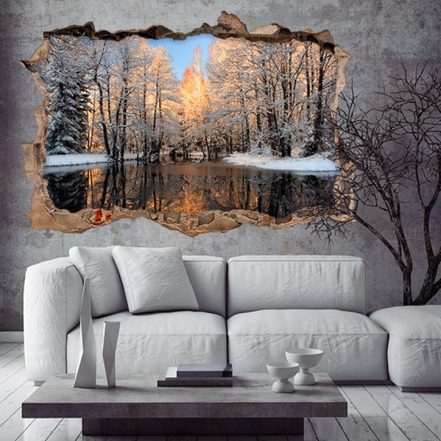 Vinilo agujero 3d paisaje lago en invierno