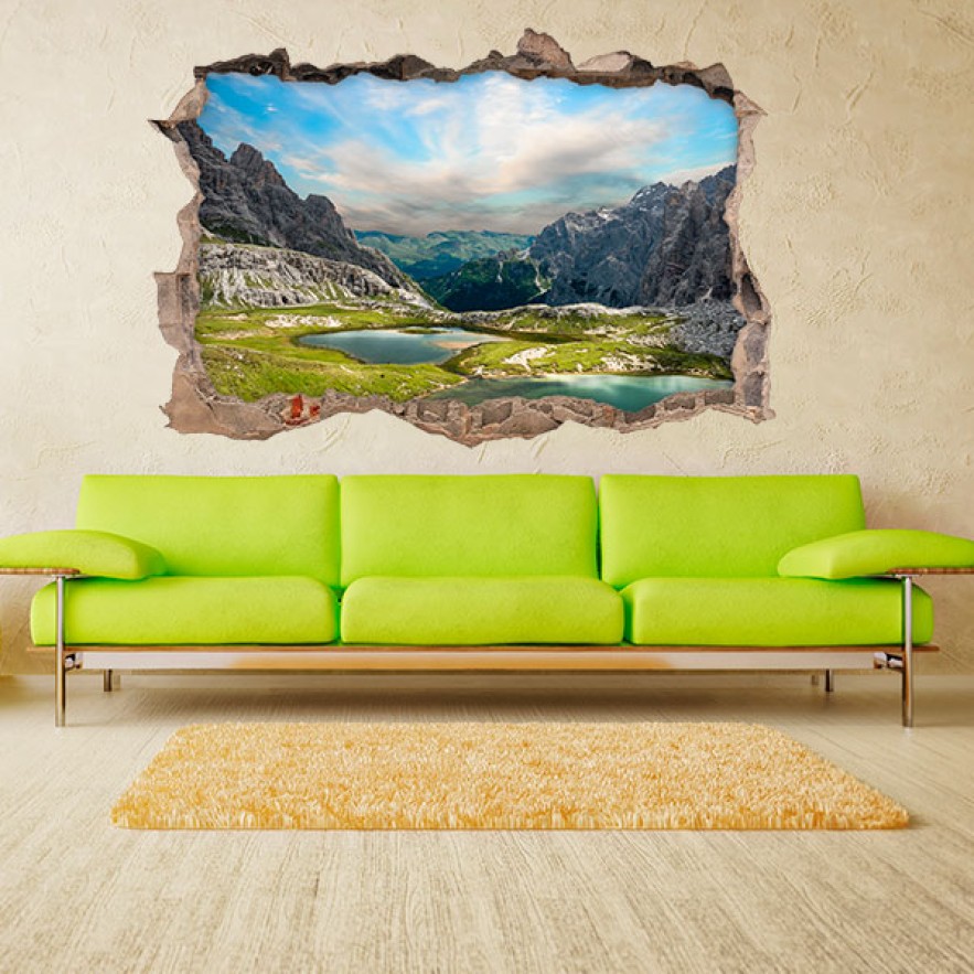 Vinilo agujero 3d lago en las montañas