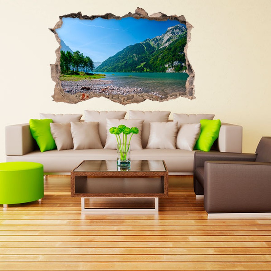 Vinilo agujero 3d paisaje con lago y montañas