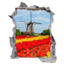 Vinilo agujero 3d paisaje molino y tulipanes