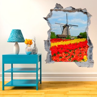 Vinilo agujero 3d paisaje molino y tulipanes