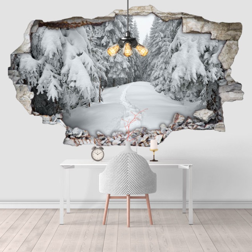 Vinilo agujero 3d paisaje nevado montes cárpatos