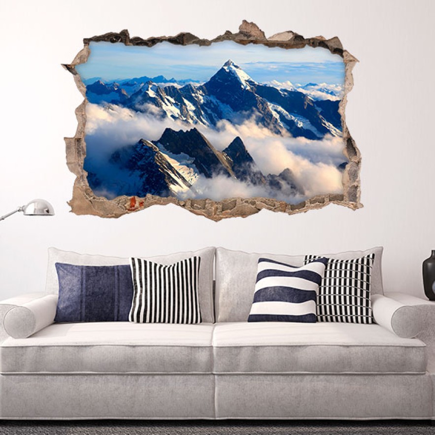 Vinilo agujero 3d nubes en las montañas