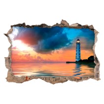 Vinilo agujero 3d faro frente al mar al atardecer