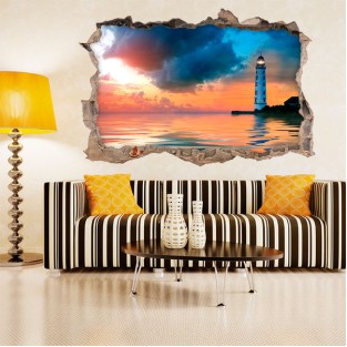 Vinilo agujero 3d faro frente al mar al atardecer Vinilo agujero 3d faro frente al mar al atardecer