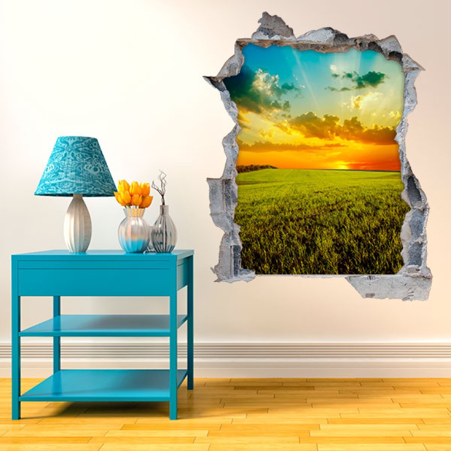 Vinilo agujero 3d puesta de sol en el campo