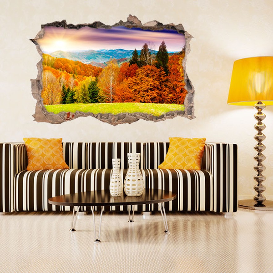 Vinilo agujero 3d paisaje árboles en otoño