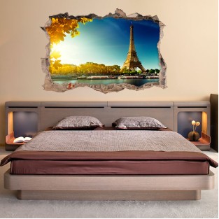Vinilo agujero pared 3d torre eiffel parís Vinilo agujero pared 3d torre eiffel parís